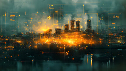 Poster - A futuristic industrial landscape illuminated by orange lights and digital overlays.