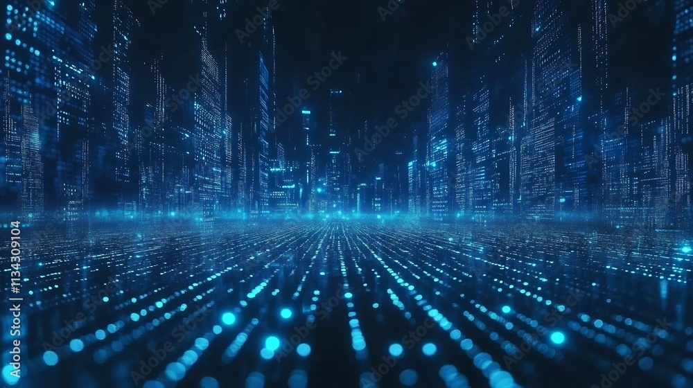 Illuminated Digital Cyber Landscape with Futuristic Binary Data Visualization