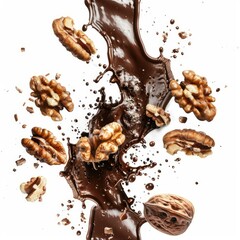 Poster - walnuts and melted chocolate mixing against white background, creating a sweet and delicious dessert