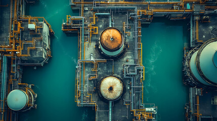 Poster - Aerial view of industrial structures and pipelines near water.