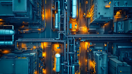 Poster - Aerial view of an industrial area illuminated at night with complex piping and structures.
