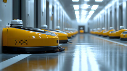 Poster - A row of yellow robotic vacuum cleaners in a modern, well-lit corridor.