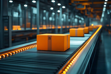Poster - A conveyor belt with bright orange packages in an industrial setting.