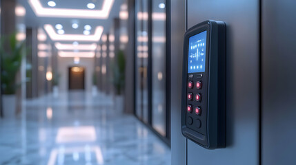 Poster - A modern elevator control panel in a sleek hallway of a building.