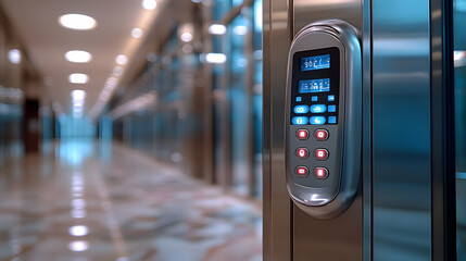 Poster - A close-up of an elevator control panel in a modern corridor.