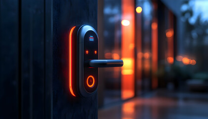 Poster - A modern smart lock illuminated at dusk, showcasing advanced security technology.