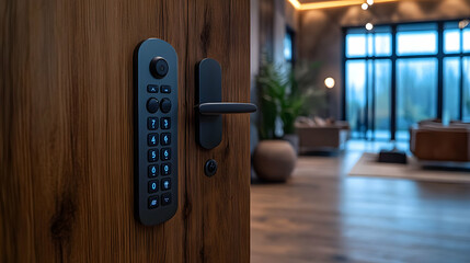 Poster - A close-up of a modern door lock with a keypad, leading into a stylish interior space.
