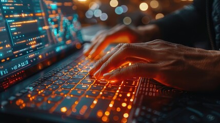 Aufkleber - Close-up of hands typing on a glowing keyboard, with a blurred background of data screens.