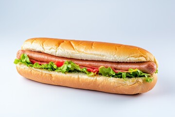 Delicious and clean hotdog with fresh lettuce and tomato on a white background