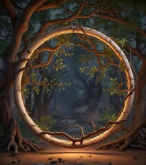 Wall Mural - Ancient tree branches intertwine with a delicate wooden hoop , twig, bohemian