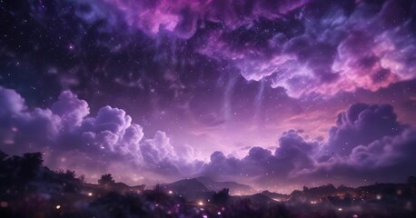 Wall Mural - bokeh lights with purple swirling clouds and stars in the background, purple, night sky