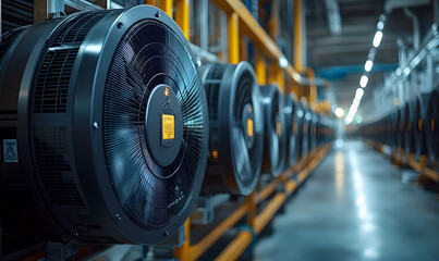 Poster - A row of industrial fans in a warehouse, showcasing ventilation equipment for climate control.