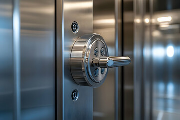 Poster - A close-up of a metallic elevator control panel with a round knob and buttons.