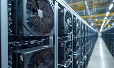 Poster - A row of high-performance computer servers with cooling fans in a data center.