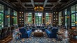© M_H_L - Elegant lounge with blue sofas, wooden accents, and large windows overlooking greenery.