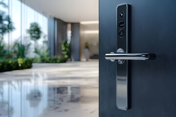 Poster - A modern door handle leading to a spacious, plant-filled interior.