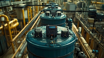 Poster - Industrial tanks with monitoring equipment in a processing facility.