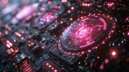 Poster - Futuristic circuit board with glowing elements and intricate design.