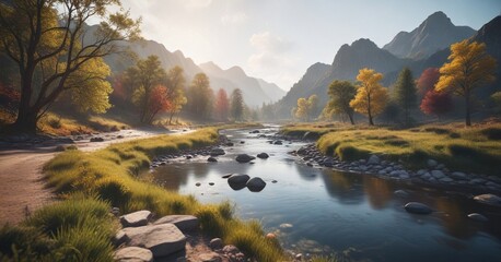 Wall Mural - Bokeh blur of a winding river in a serene landscape, peaceful, outdoor, serene