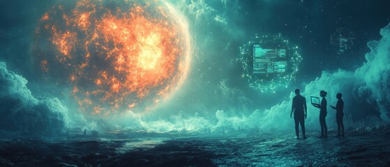 Poster - Futuristic scene with figures observing a glowing sun