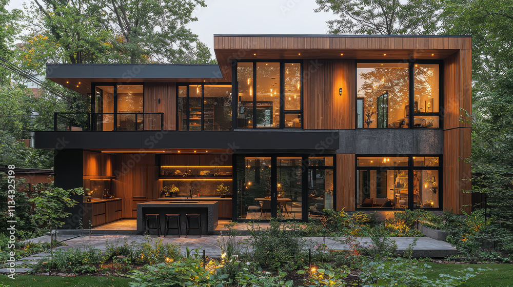 Modern Wooden House in the Woods: A contemporary home nestled amidst lush greenery, showcasing a stunning wooden facade, large windows, and a patio perfect for entertaining.