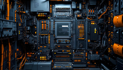 Poster - A futuristic server room filled with intricate circuitry and glowing components.