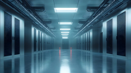 Poster - A dimly lit corridor in a high-tech facility with server racks lining the walls.