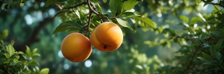 Wall Mural - A single apricot nestled among leafy green branches, foliage, nature, botanical