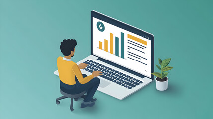 Poster - A person working on a laptop with graphs and a plant nearby.