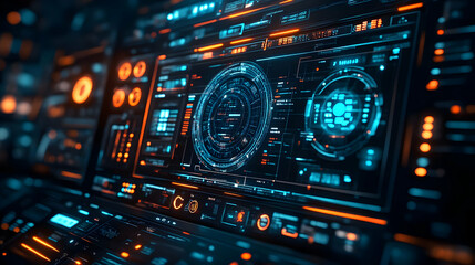 Poster - Futuristic control panel with glowing elements and data displays.
