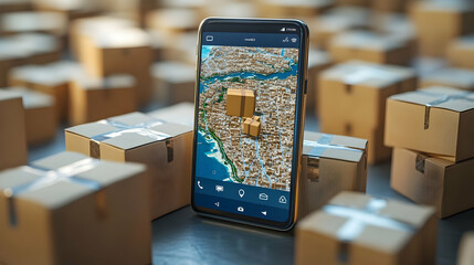 Poster - A smartphone displaying a map with packages around, symbolizing delivery and logistics.