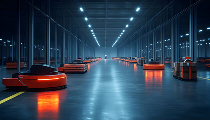 Poster - A futuristic warehouse with automated robots transporting packages in a sleek environment.