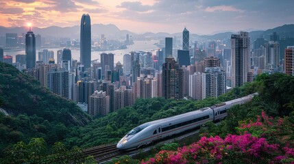 Poster - Scenic view of a train traveling through a lush landscape with a city skyline at sunset.