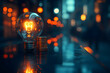 © Ismah Yuni - Glowing lightbulb on coins, city backdrop.