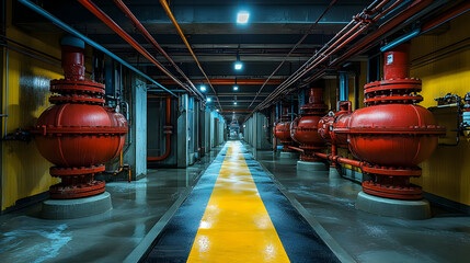 Poster - Industrial corridor featuring large red valves and pipes in a well-lit facility.