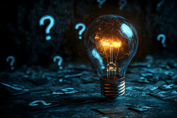 glowing lightbulb with question marks.