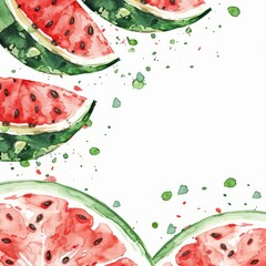 Poster - Watercolor painting featuring vibrant watermelon slices with refreshing green splashes, creating a summery and appetizing visual