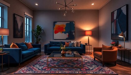 a modern living room with a blue sofa, a coffee table, and a large abstract painting on the wall. The room is illuminated by a chandelier and natural light from two windows