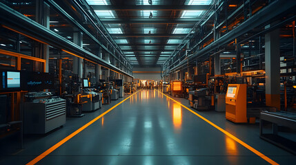 Poster - A spacious industrial facility with machinery and workstations illuminated by overhead lights.