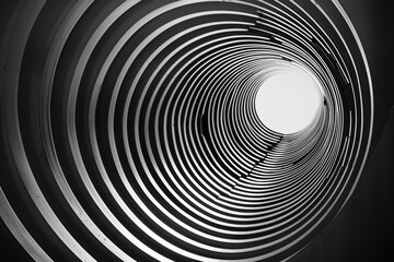 Poster - A circular perspective of a spiral tube reveals a bright light at the end, surrounded by dark metal surfaces, creating an intriguing contrast and depth.