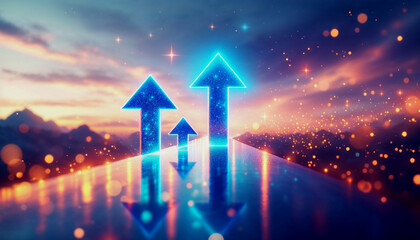 Poster - In a digital world, futuristic blue arrows pointing forward with luminous particles represent advancement and guidance