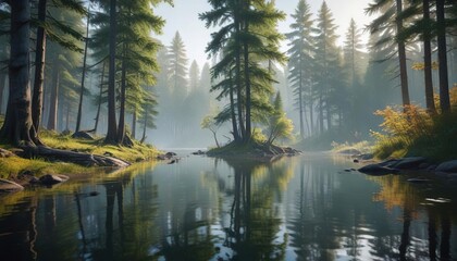 Wall Mural - Tall trees reflected in the river's calm surface, river, reflection, landscape