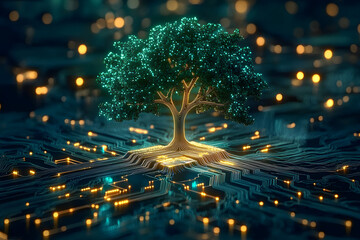 Poster - a digital tree with branches resembling circuit lines glows on a futuristic electronic background. s