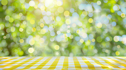 Empty yellow and white checkered tablecloth on a blurred green garden background with a bokeh effect, a summer picnic template for a product display montage