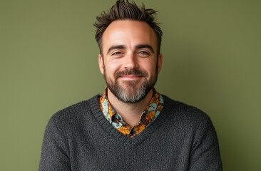 
A photo of an attractive, smiling man with a short beard, wearing a dark grey sweater over a colorful shirt. His brown hair, styled like Jason Harding's, is combed back