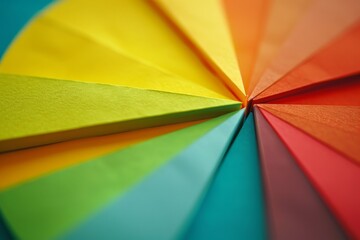 Poster - Triangular sections of paper in a rainbow of colors are arranged in a circular pattern, creating a vivid and dynamic display against a blue backdrop.