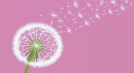 Sticker - A fluffy dandelion with sparkling seeds floating kid cute art illustration on a plain fuchsia background