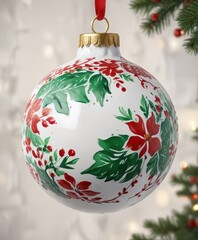 Wall Mural - Hand-painted white ceramic Christmas ornament with red and green details , green, christmas