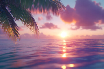 Wall Mural - Serene sunset over calm ocean, palm leaves framing the scene.