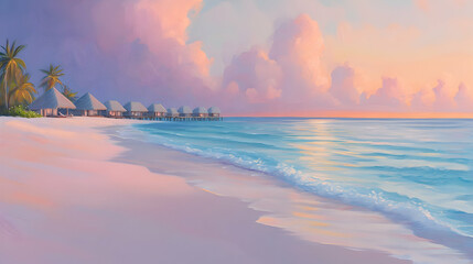 Wall Mural - Serene sunset over tropical beach bungalows.